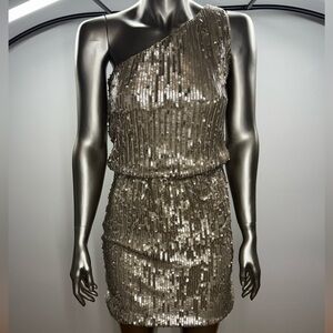 HALSTON HERITAGE One Shoulder Champagne Gold Sequin Dress Sz S